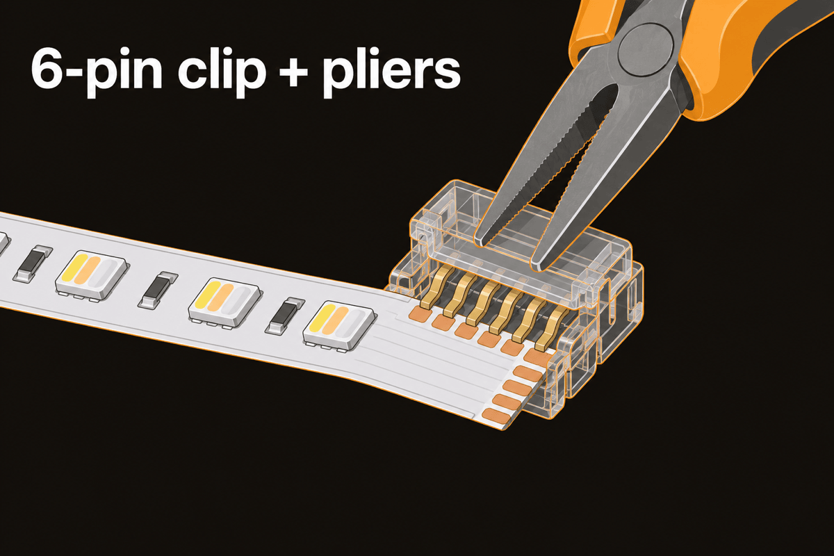 Illustration of pliers squeezing a 6-pin clip onto an LED strip