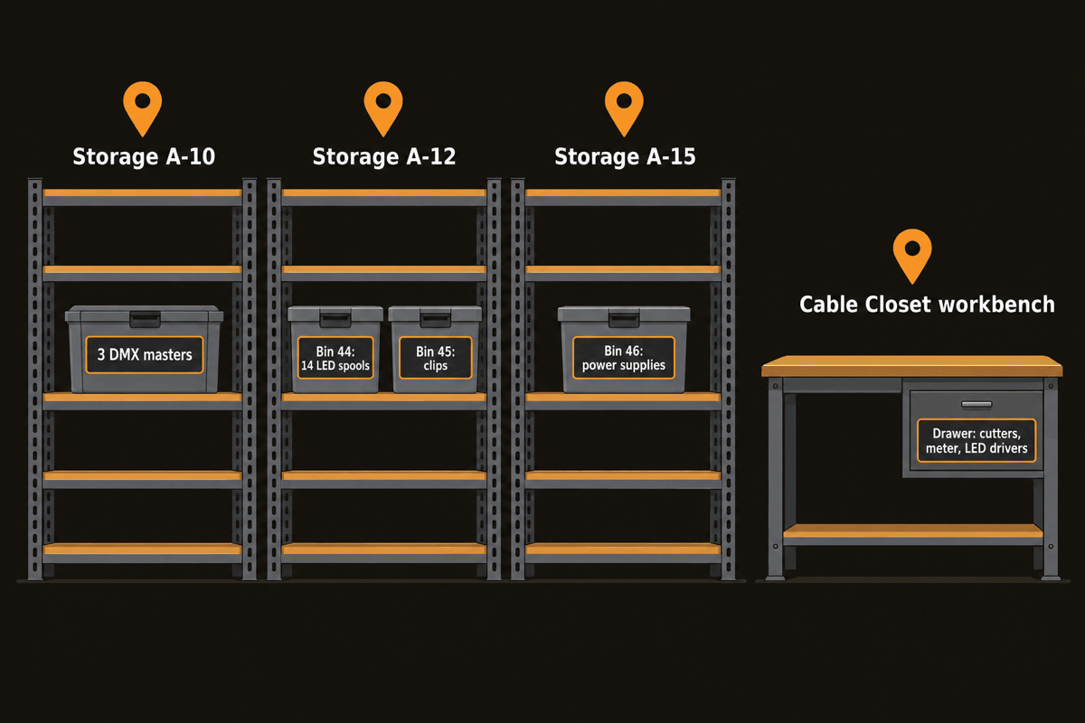 Drawn map of the Storage A shelves with bins A-10, A-12 Bin 44, A-12 Bin 45, A-15 Bin 46, and the Cable Closet workbench drawer
