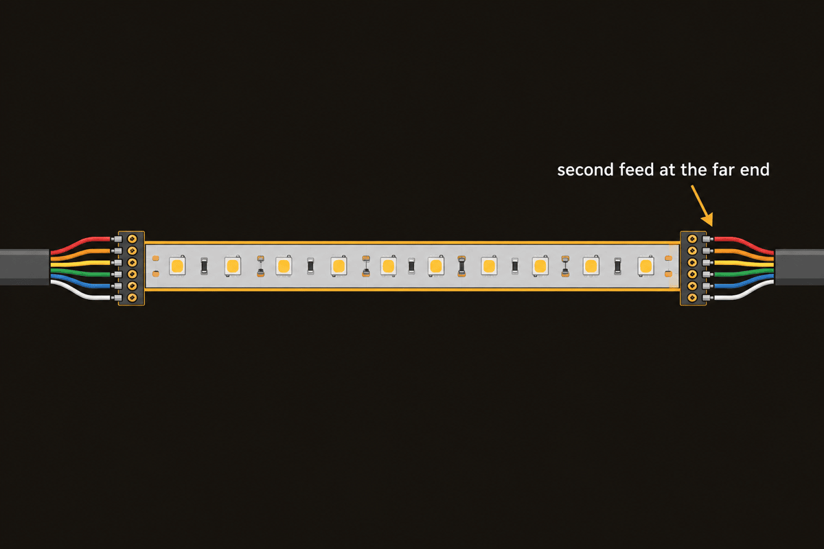 A 6-pin cable feeding power into the far end of a strip