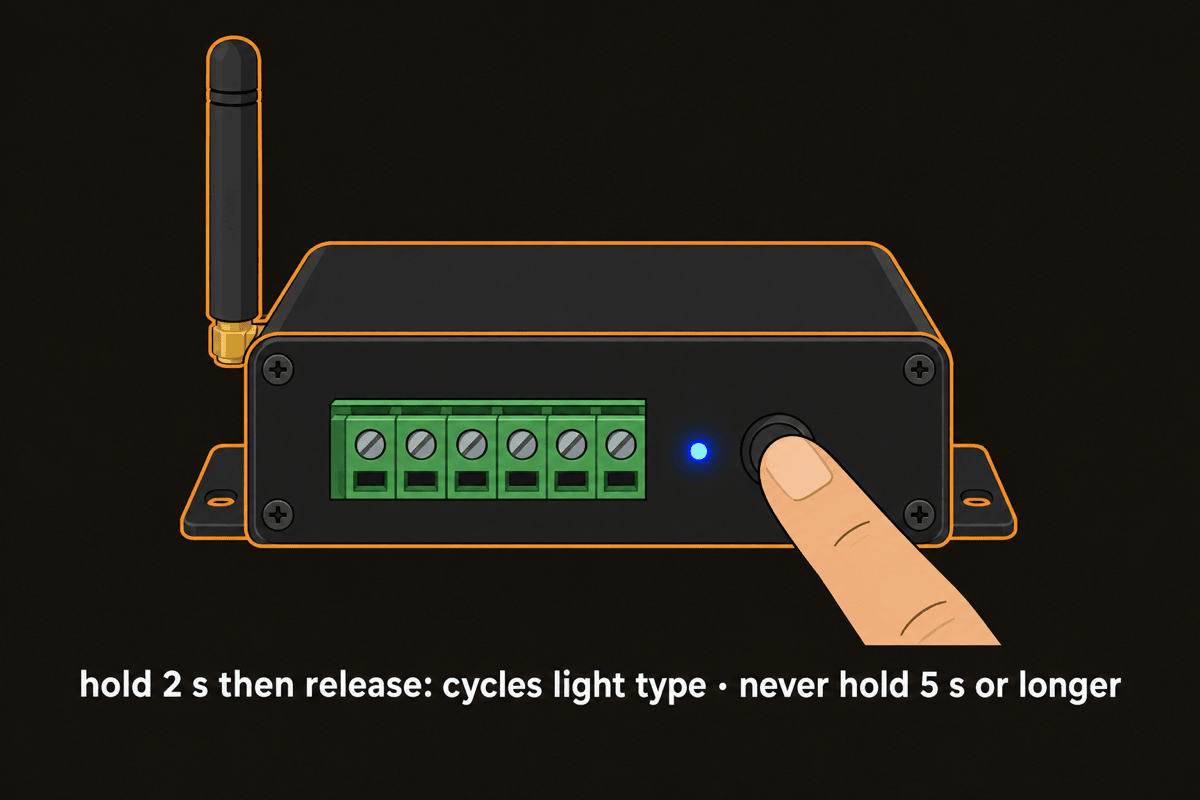 Finger holding the Match/Set key on the WT-DMX-S master, RUN light beside it