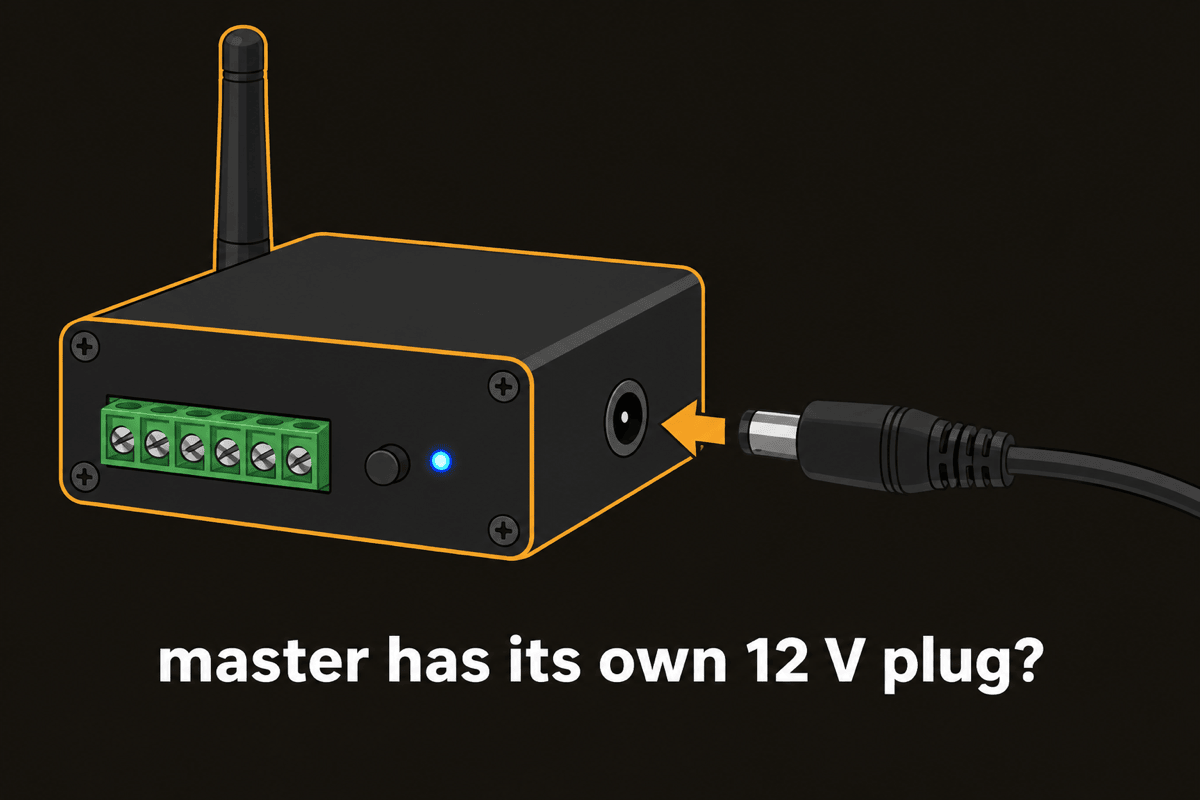 The WT-DMX-S master with its own 12 V plug