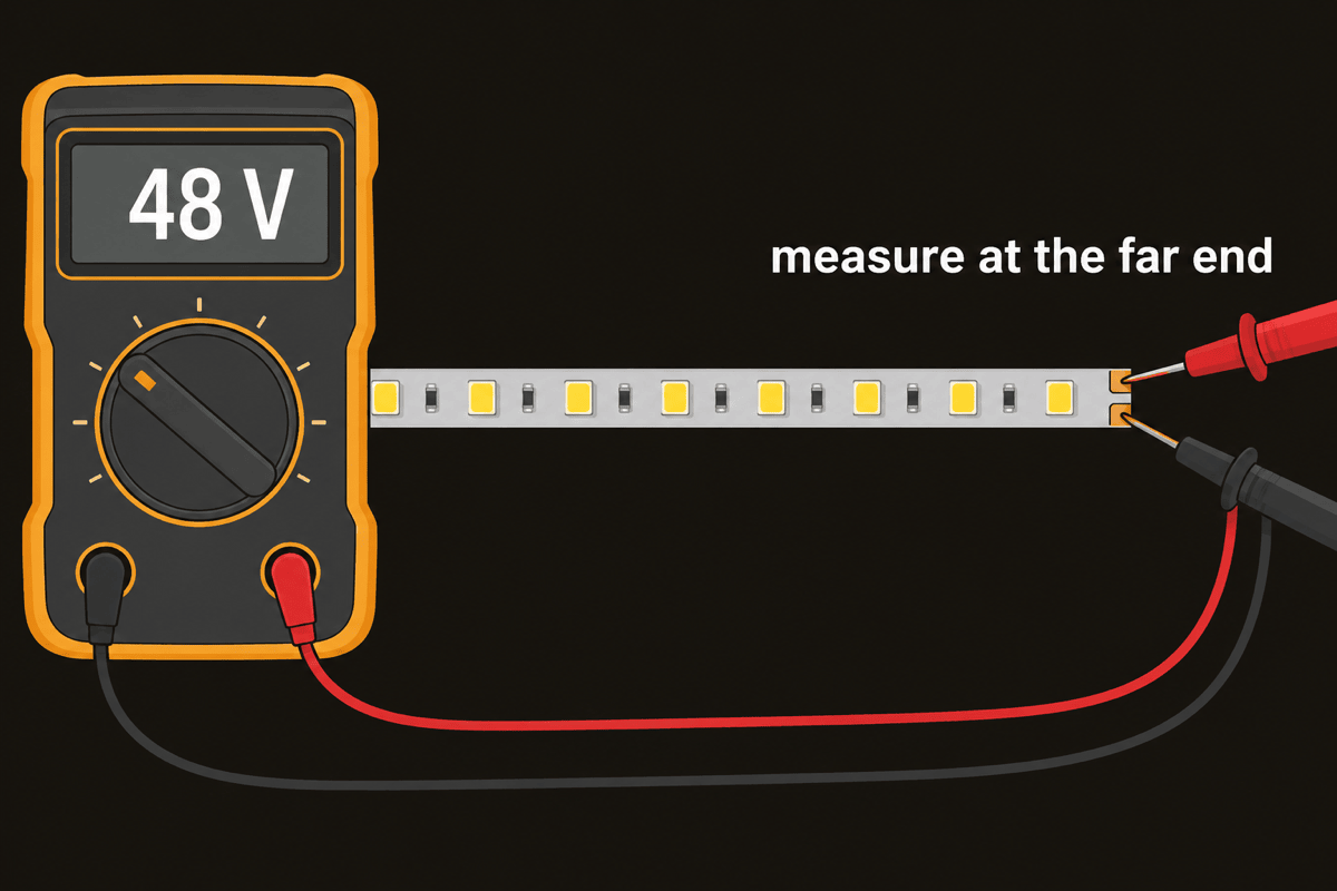 Multimeter probes on the pads of the last lit segment