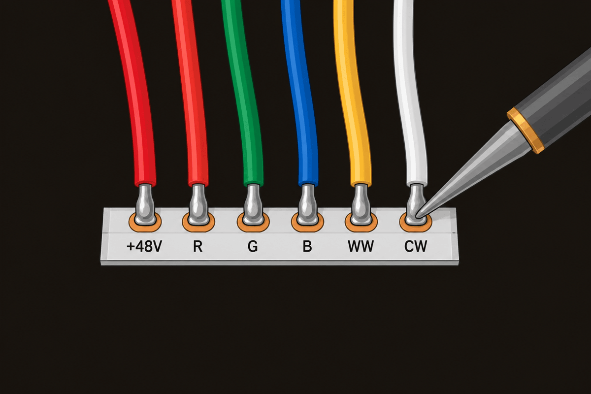 Soldering iron joining 6-conductor wire to the strip pads