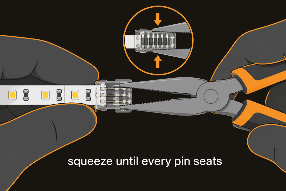 Pliers squeezing a 6-pin clip so the pins bite the pads