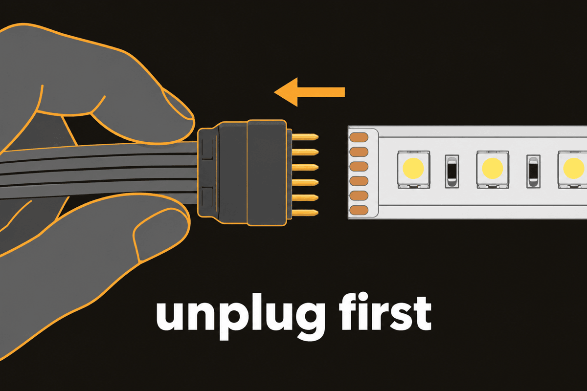 Hands unplugging a 6-pin clip from a strip