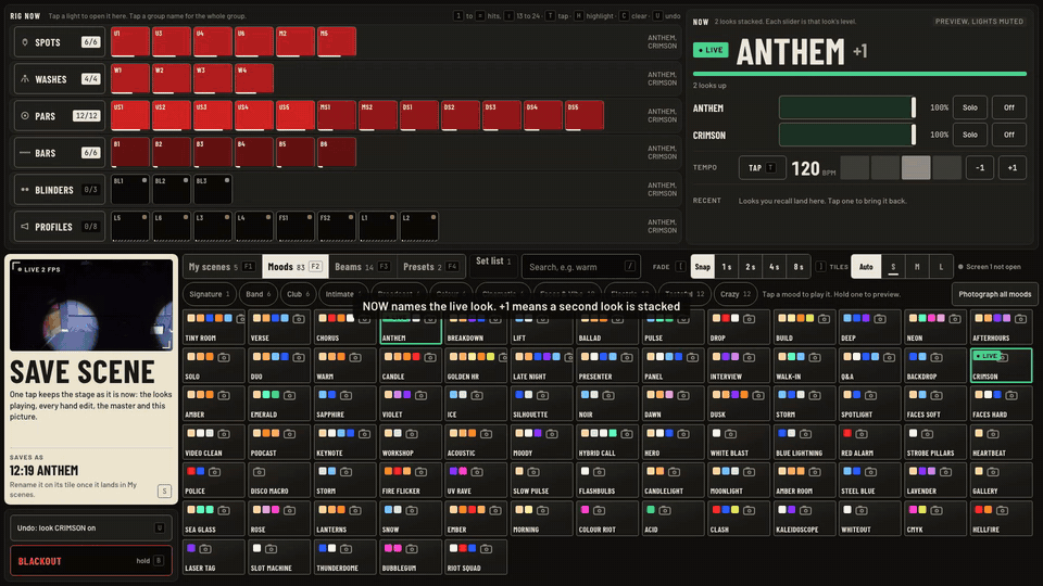 NOW reads ANTHEM +1, a held SAPPHIRE tile previews in blue, Solo on CRIMSON, NEON replaces the stage, U undoes.