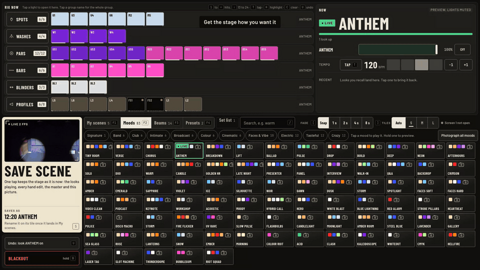 SAVE SCENE with ANTHEM up, then the Photograph all moods sheet, closed with Not now.