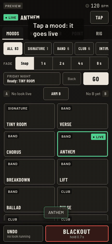 ANTHEM live, Arm B, CHORUS on B, the crossfader slid across, then the Hits tab.