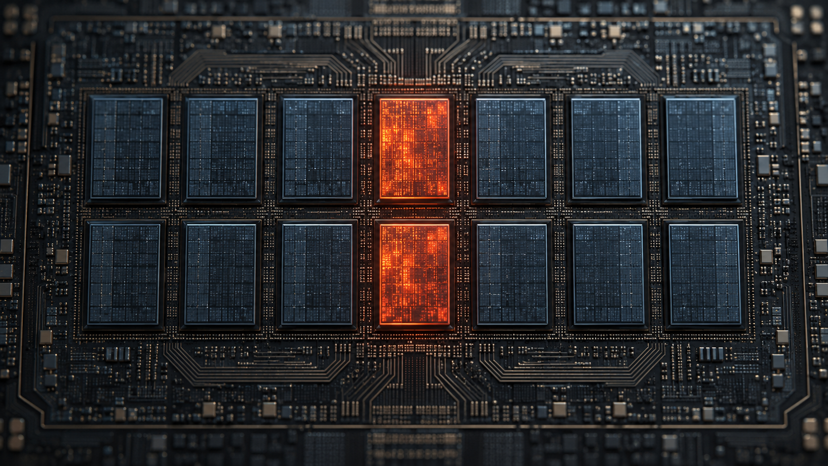 A chip die with two cores glowing hot