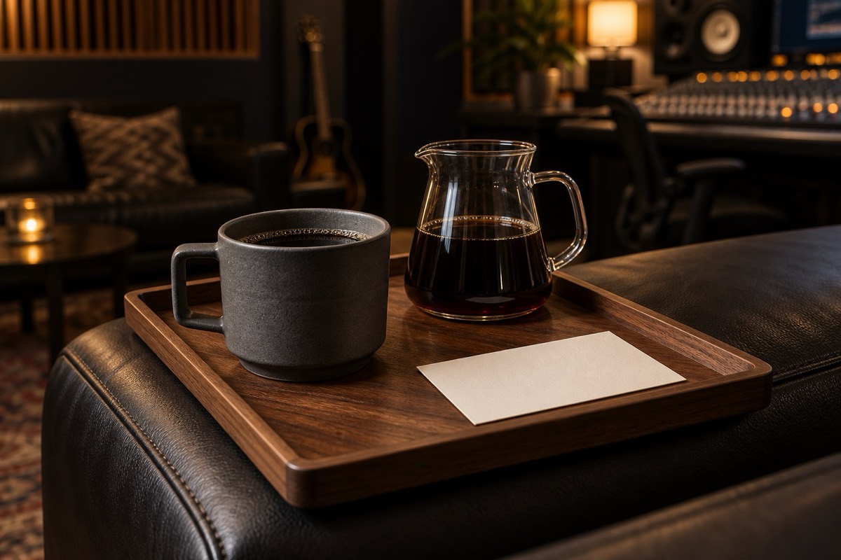 Concept render of tray service: a dark ceramic cup, a glass carafe and a drink card on a walnut tray